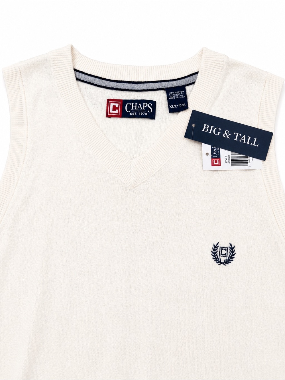 Chaps Cream V-Neck Sweater Vest with Navy Crest